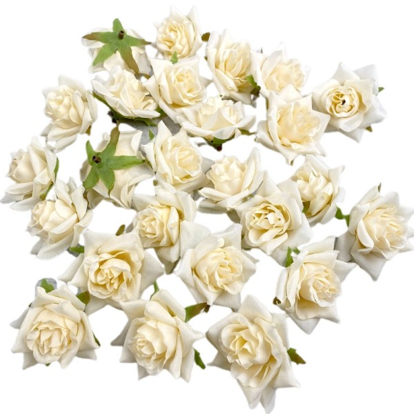 Lot de 25 Têtes de Rose ivoire artificielle, diamètre 4 cm, fleurs en tissu - Photo n°1