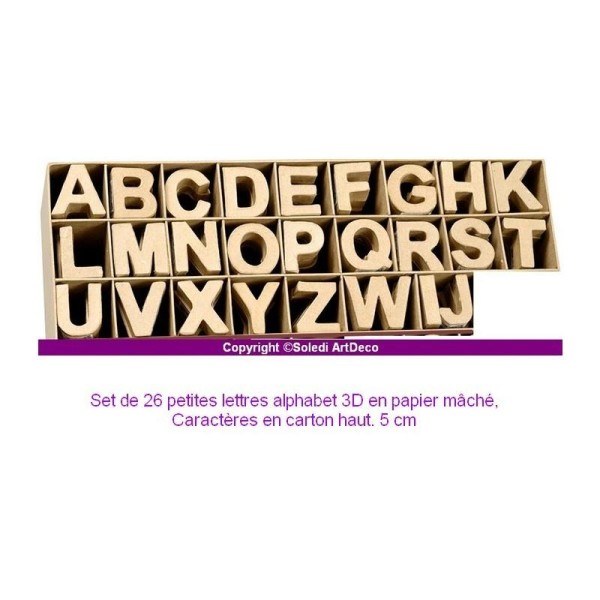 Set complet de 26 lettres alphabet 3D en papier mâché, Caractères en carton haut. 5 cm, à customiser - Photo n°1