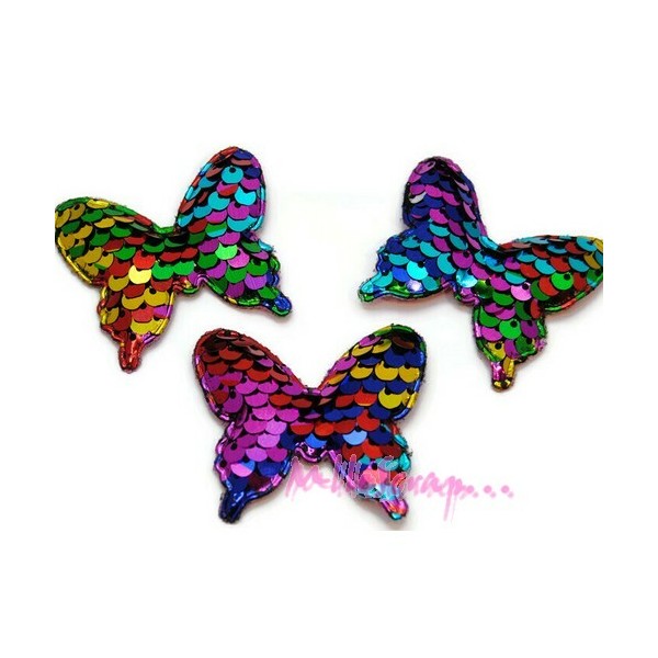Appliques papillons tissu sequins multicolore - 3 pièces - Photo n°1