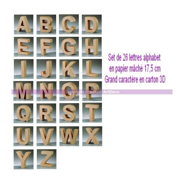 Set de 26 lettres alphabet en papier mâché 17,5 cm, Grand caractère en carton 3D - Photo n°1
