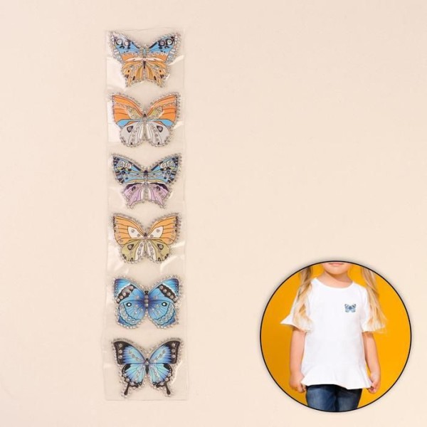 Fer Sur vêtements Autocollant, Patch Decal avec strass, papillon, 6 × 4.5 cm, 6 pièces par feuille, - Photo n°2