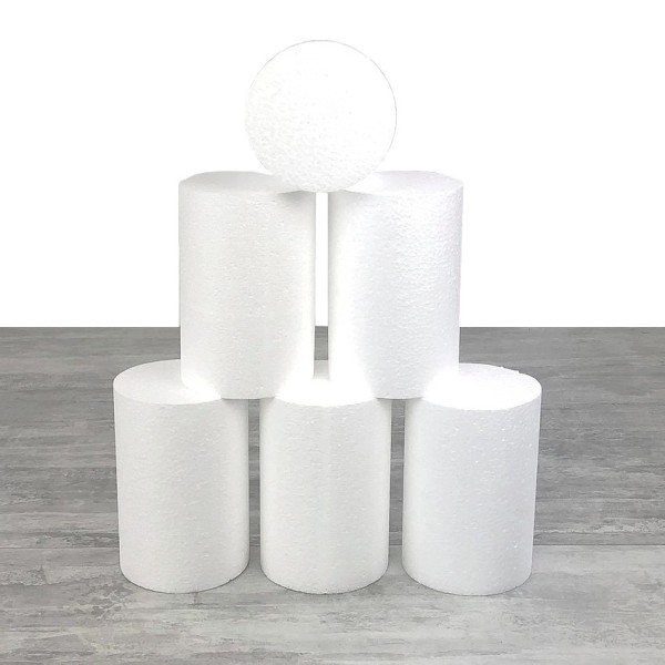 Lot 6 petits cylindres en polystyrène diam. 10 cm, haut. 15 cm, Colonne en Styropor blanc pour prése - Photo n°1